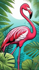 pink flamingo on a background of tropical leaves, background wallpaper for mobile phone