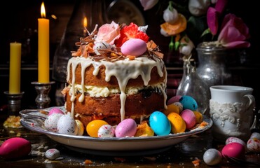 Obraz na płótnie Canvas an easter cake on a ledge with eggs