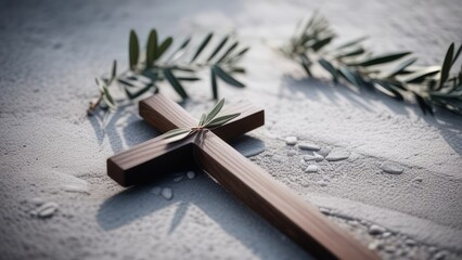 wooden cross and olive branch, Easter symbol