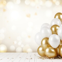 Fototapeta na wymiar Birthday background with balloons in gold and white colors and with large copyspace area