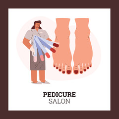 Nail artist showing nail polish palette, feet nails with red varnish after pedicure, beauty pedicure salon vector poster