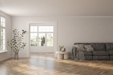 Contemporary classic white interior with furniture and decor and summer landscape in window. Scandinavian interior design. 3D illustration