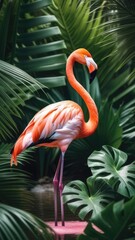 Fototapeta premium pink flamingo on a background of tropical leaves, background wallpaper for mobile phone