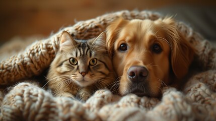 A heartwarming image of a dog and a cat cuddled up together on a cozy blanket, showcasing the unlikely yet adorable bond between different species. - obrazy, fototapety, plakaty