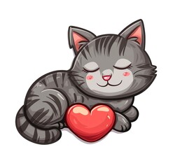 sticker style grey cat and heartfelt