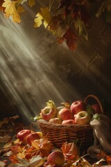 beautiful bouquet of apples and old wicker basket next to autumn leaves with golden rays