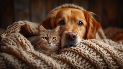 A heartwarming image of a dog and a cat cuddled up together on a cozy blanket, showcasing the unlikely yet adorable bond between different species.