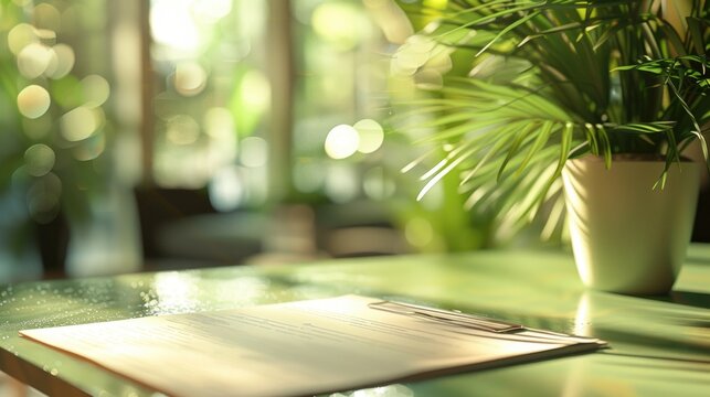 a green table with business documents and a plant in the background.