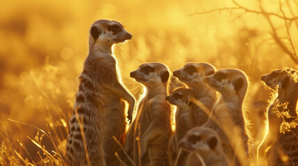 A group of meerkats huddled together in the early morning light their silhouettes highlighted by the sunrise.