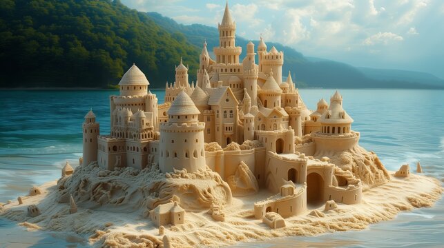 Illustrate intricate sandcastle sculptures with turrets, moats, and bridges, showcasing the creativity