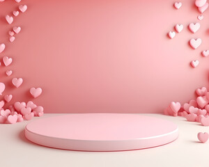 Podium, pedestal, base, 3D has heart components. for placing products or do promotions During the festival about love bright pink background There is perfect lighting.
