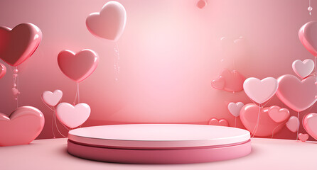 Podium, pedestal, base, 3D has heart components. for placing products or do promotions During the festival about love bright pink background There is perfect lighting.