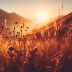 Muurstickers abstract warm landscape of dry wildflower and grass meadow on warm golden hour sunset or sunrise tim Ai © Brand