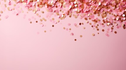 Beautiful abstract pink minimalistic background with golden small confetti and lots of space for texts in the center
