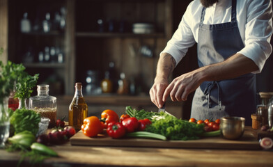 Obraz na płótnie Canvas an apron putting fresh produce on a table,