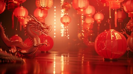 Beautiful red abstract background with Chinese lanterns and Chinese dragons