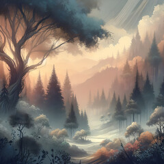 Artistic conception of beautiful landscape painting of nature of the forest, background illustration, tender, and dreamy design