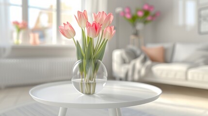 Beautiful pink tulips stand in a clear glass vase on a white round table in the middle of a bright modern living room