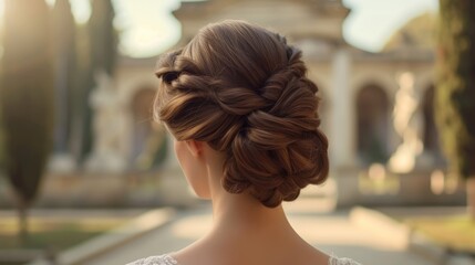 Elegant chignon hairstyle of a woman against the backdrop of the city