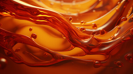 A liquid wave of clear oil. A bright splash of orange liquid. Abstract shining background for design.