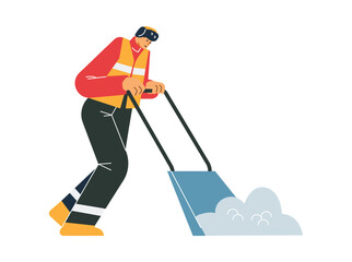 Janitor in uniform removing snow with a shovel, vector cartoon street cleaner worker service, garbage man working