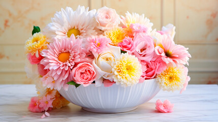 a bowl of flowers on a table