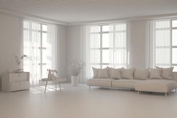 Grey living room concept with sofa. 3D illustration