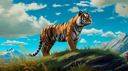 a tiger standing on a rock in the middle of a field - Powered by Adobe