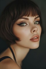 Fototapeta premium Woman with asymmetrical bob hairstyle and soft makeup