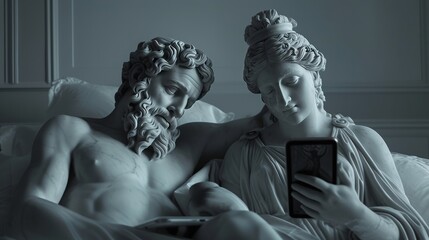 a male greek god statue looking at his tablet and a female greek goddess statue looking at her smartphone, both in bed 
