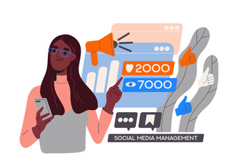 SMM strategy concept. Woman with statistics and infographics. Promotion in social networks. Marketing and commerce. Cartoon flat vector illustration isolated on white background