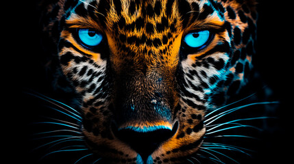 a leopard with blue eyes and a black background