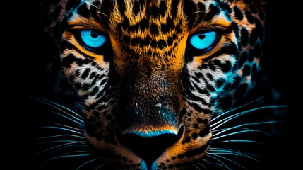  a leopard with blue eyes and a black background © Vahe