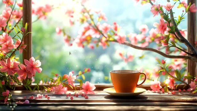 Warm coffee at the window during sunrise in spring. seamless looping 4k time-lapse animation video background