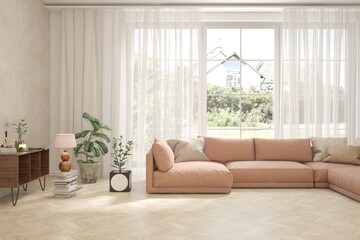 Interior design of modern apartment. Interior mockup. Scandinavian interior design. 3D illustration