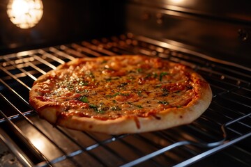 Cheesy Pizza with Fresh Basil in Oven, Home Cooking Glow. Generative AI.