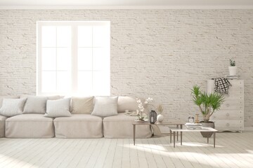 White living room with sofa. Scandinavian interior design. 3D illustration