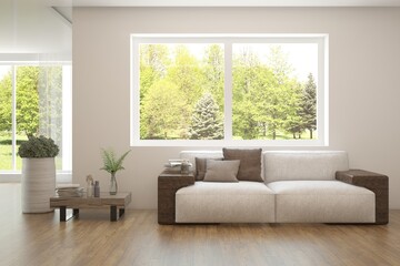 Contemporary classic white interior with furniture and decor and summer landscape in window. Scandinavian interior design. 3D illustration