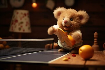 stuffed toy playing table tennis. Generative AI - obrazy, fototapety, plakaty