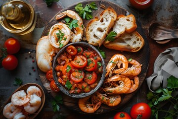 Plate of Shrimp, Tomatoes, Bread, and Garlic
