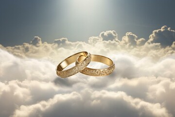 two golden matrimonial bands hovering amidst the clouds. Generative AI - obrazy, fototapety, plakaty