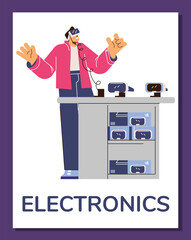 Poster or vertical banner with happy young man tries on virtual reality glasses