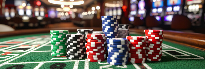 Casino poker chips on a table, concept of gambling and risk, vibrant scene of betting and gaming, colorful and competitive atmosphere