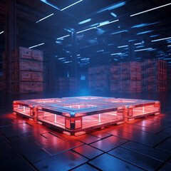 Pallets with LED lights for displaying products for advertising. There is a perfect lighting arrangement in 3D. The background is a warehouse.