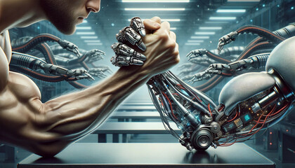 An image showing an intense arm wrestling match between a human arm and a robotic arm. The human hand belongs to a man with obvious strength, bulging veins and focused determination.