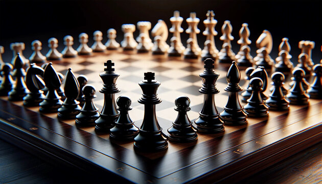 A horizontal photorealistic image of a chessboard from a close angle, emphasizing the contrast between the black and white pieces, paying particular attention to the shine of the pieces and the grain 
