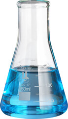 A premium isolated beaker with transparency and blue liquid