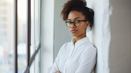 Retrato de uma jovem empresária afro-americana no escritório. - obrazy, fototapety, plakaty
