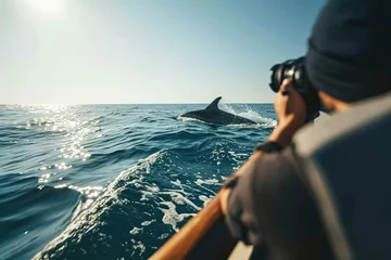 Poster Rear view of a photographer shooting dolphins from a boat. See dolphins from the boat © Neda Asyasi