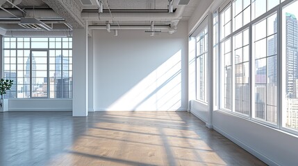 Obraz premium Spacious empty room with front view on blank white walls, and windows. 3D rendering, mockup